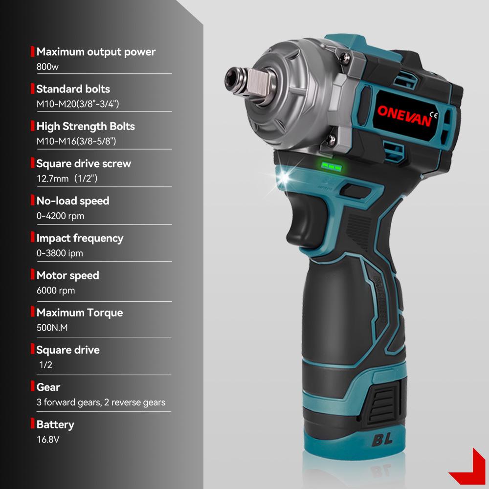 ONEVAN 500N.M Brushless Electric Impact Wrench 1/2inch Cordless 3-in-1 Wrench Screwdriver Drill Lithium-Ion Battery Power Tool