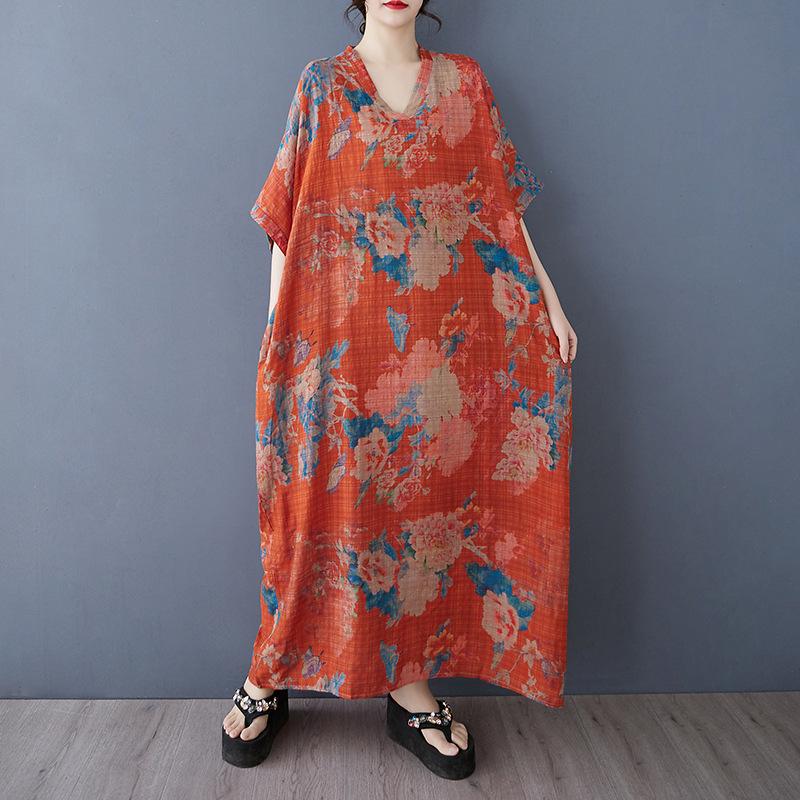 Summer Casual Artistic Plus Size Loose Print V-neck Short Sleeved Dress