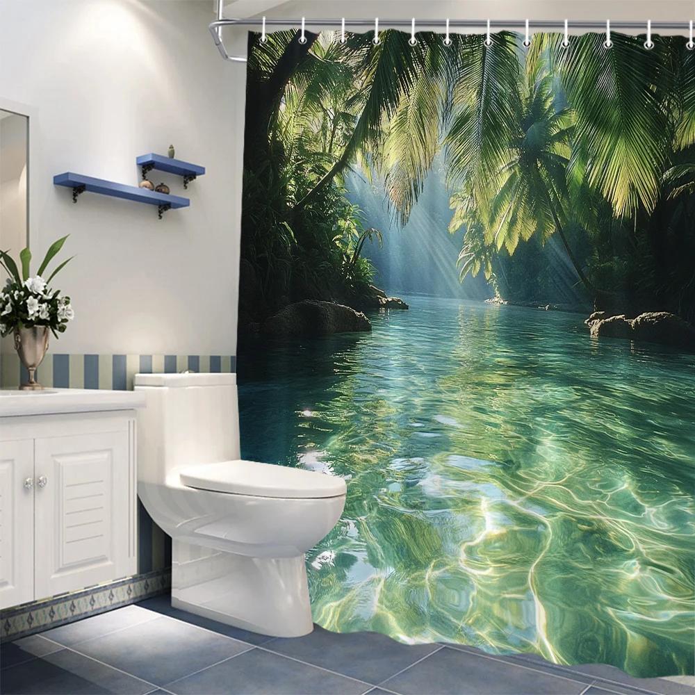 Rideau de douche Paradis Tropical: Décor de jungle serein pour salle de bain, ambiance tranquille avec lumière du soleil et eaux claires