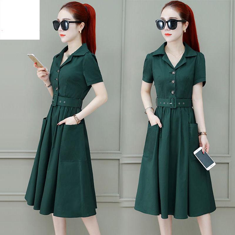 Dress Femininity Waist Fairy Skirt Short-sleeved Mid-length Skirt Casual Skirt Stand-up Collar Short-sleeved Mid-length Skirt