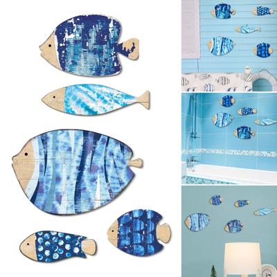 5Pcs/Set Wooden Fish Wall Decoration Farmhouse Rustic Nautical Blue Fish Wall