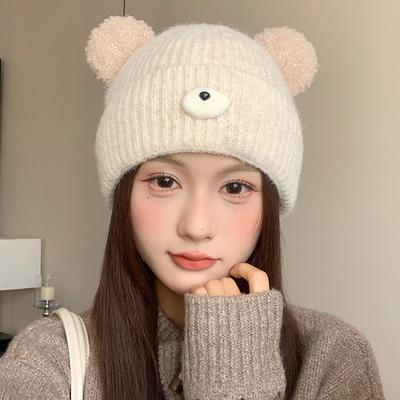 Japanische Niedliche Bärenmütze Damen Herbst und Winter Strickmütze Großer Kopfumfang Plus Samt Kältefeste Wollmütze Warme Ohrenschutzmütze