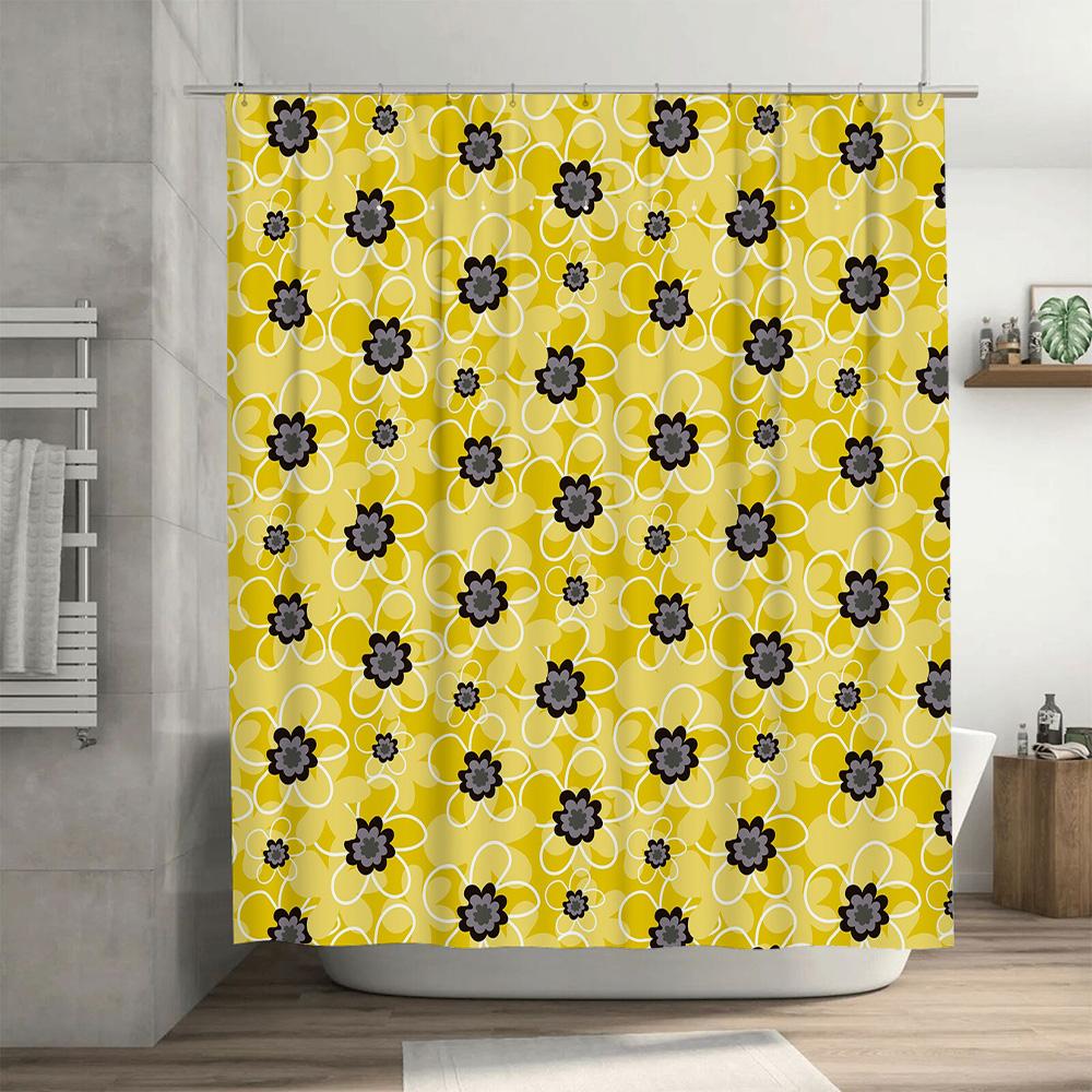 Bright Yellow Floral Print Shower Curtain Water-Resistant Fabric Decorative Bathroom Window Panel with Hooks Available in Variou
