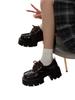 Women's 2024 Black Patent Leather Round Toe Lace-Up Shoes - British Style, Thick Sole, Mid-Heel for Autumn