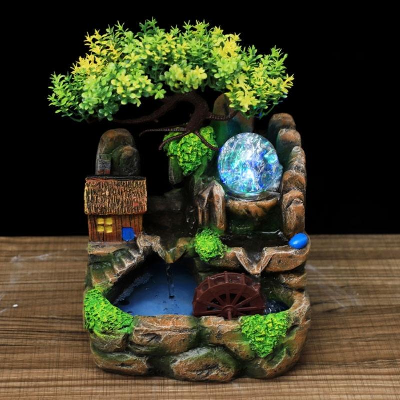 Indoor Resins Rockery Waterfall Fountains with Atomizer and LED Lighting Great for Home and Office Desktop Decoration