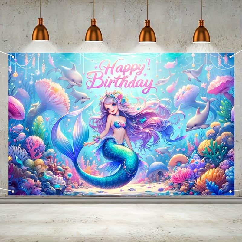 Mermaid Happy Birthday Background Photo Props, Happy Birthday Polyester Banner Decoration, Birthday Party Wall Decoration