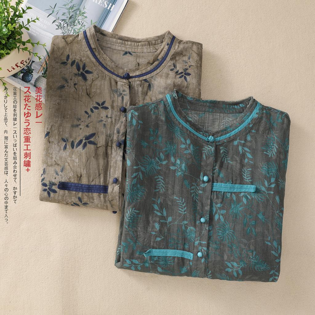 2025 summer new printed cotton and linen shirt women's loose large size round neck five-quarter sleeve thin floral cardigan top