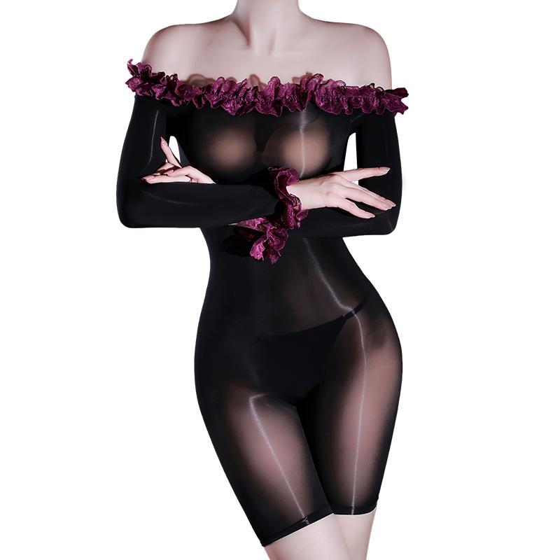 Xiyue pure desire wind lace one-word shoulder sexy oily silky smooth full body silk royal sister one-piece shorts women
