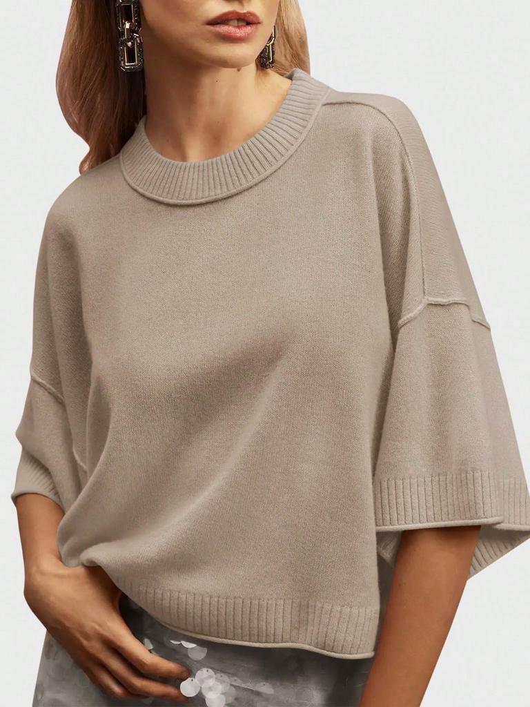 Women's Oversized Cropped Knit Sweater Short Sleeve Crew Neck Lightweight Summer Top