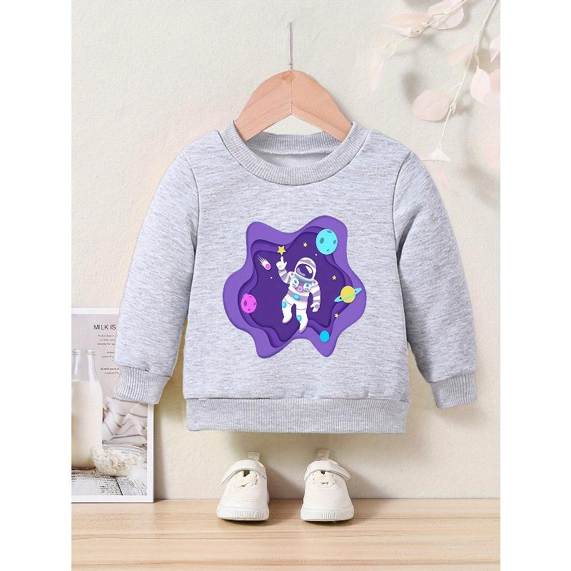 Kids' Cartoon Astronaut Print Crew Neck Sweatshirt - Fabric with Slight Stretch, Regular Fit