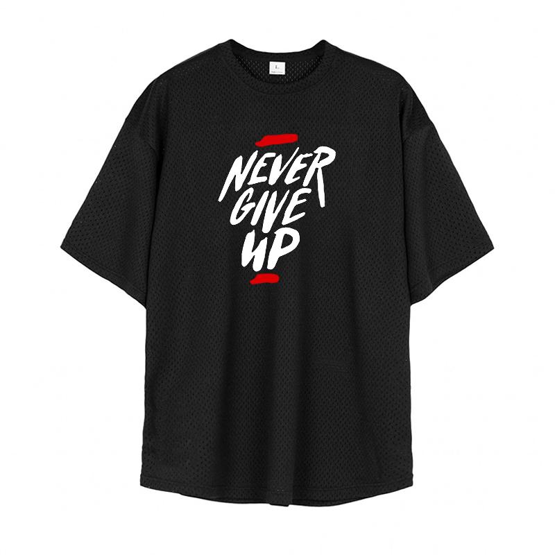 Muscleguys Oversized Loose Mesh Running T-Shirts Mens Summer Quick Dry Fitness Half Sleeve T Shirts NEVER GIVE UP Sports Gym Clothing