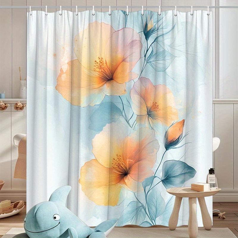 

1pc Hibiscus Watercolor Shower Curtain - Pastel Floral Design, Semi-Transparent Leaves, Polyester, Serene Decor W90XH180cm