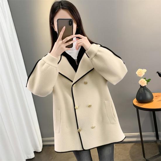Women Jacket Fake Two-piece Drawstring Double-breasted Long Sleeves Cardigan Contrast Color Jacket