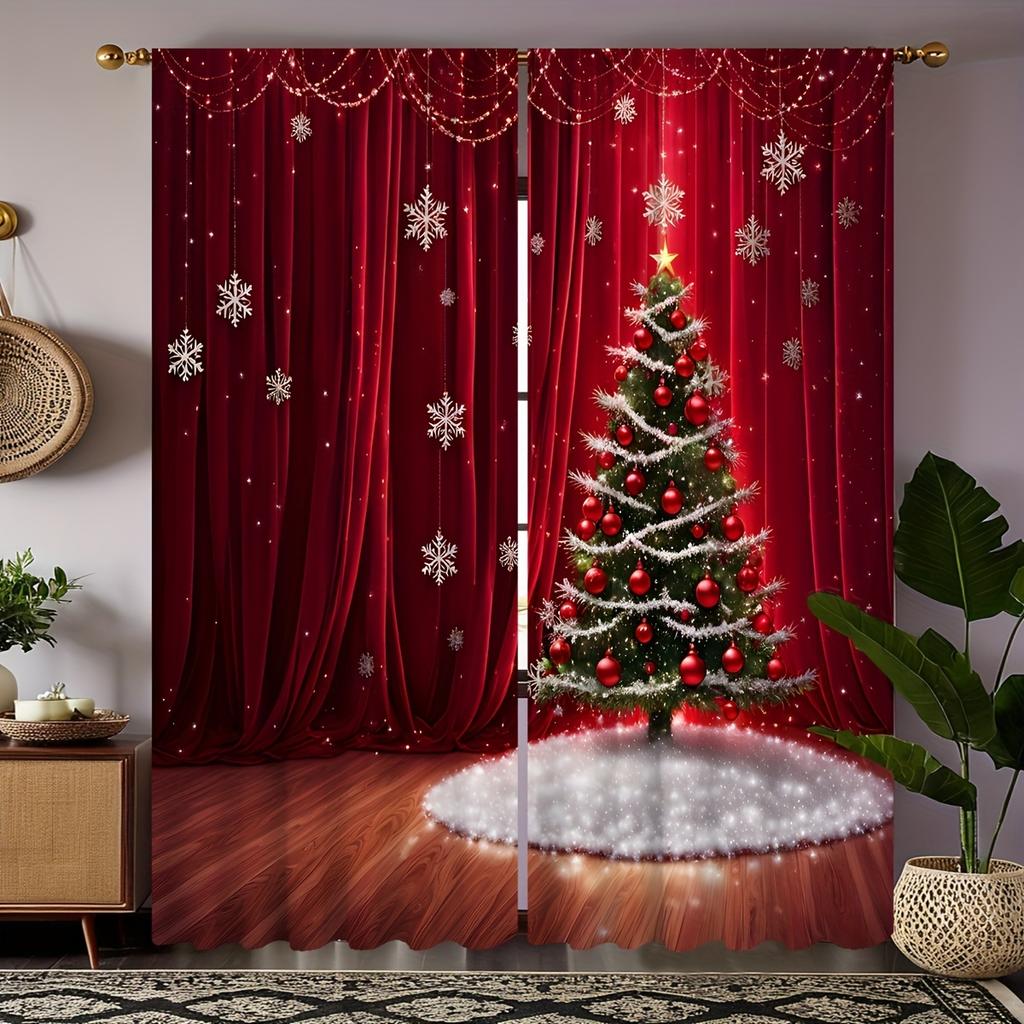 2pcs Set of Festive Christmas Curtains with Red Green Ornaments Digital Printed, Rod Pocket Design for Living Room Bedroom Decor