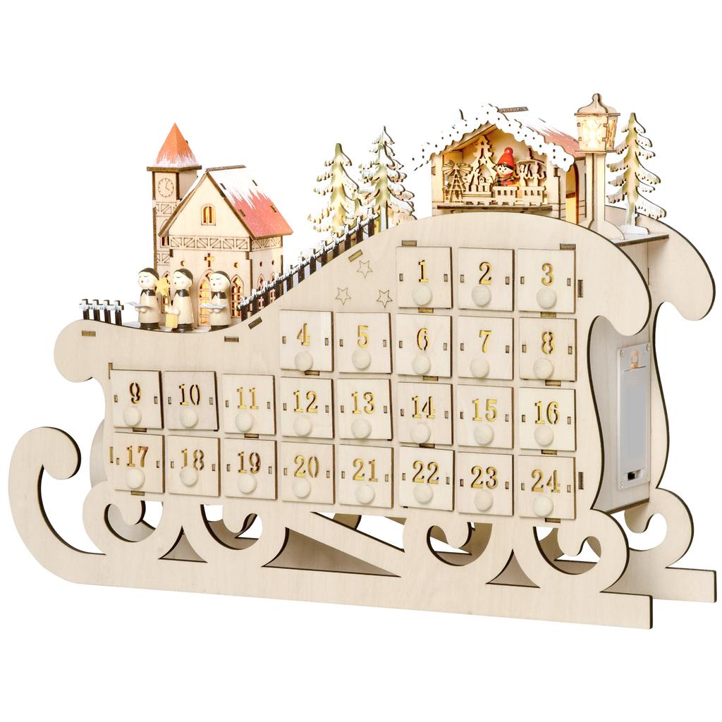 Christmas Advent Calendar, 2021 Light Up Table Xmas Wooden Sleigh Holiday Decoration with Countdown Drawer, Village, for kids Adults