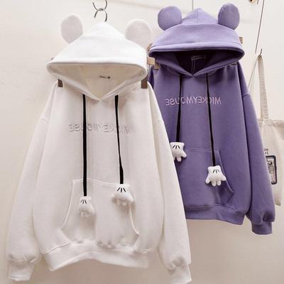 Damen-Sweatshirt, Student, lässig, niedlich, Ohr-Oberteil, Fleece, mit Kapuze, modisch, lockerer Pullover