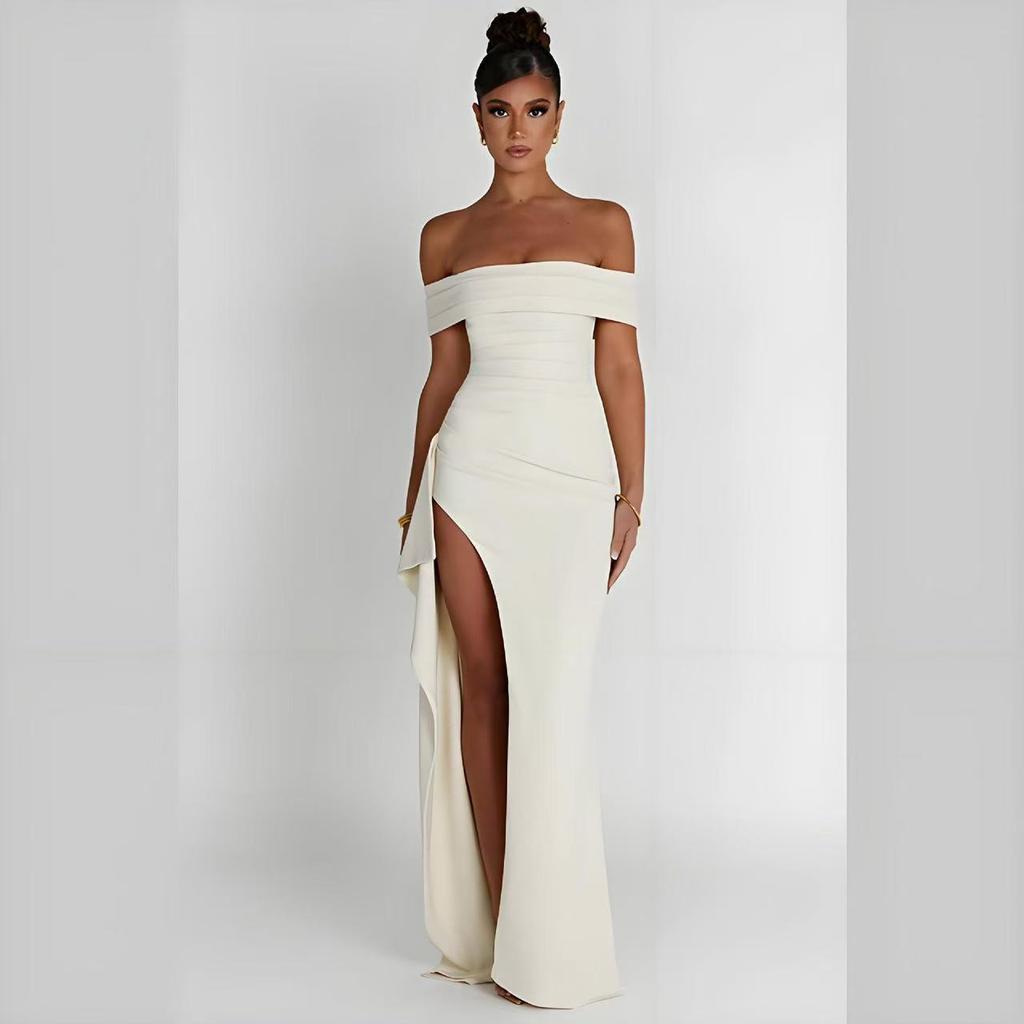 European and American women's clothing spring sexy one-word shoulder temperament elegant party dress split dress