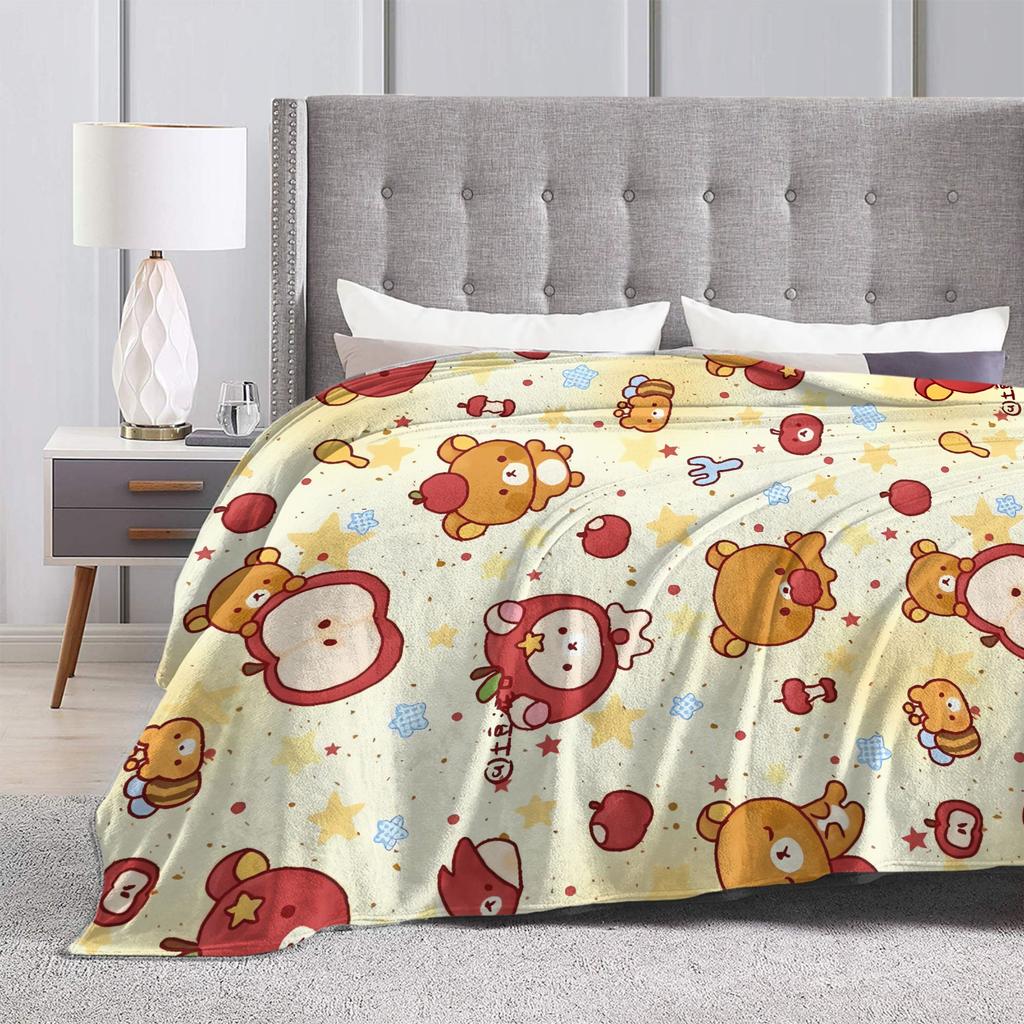 Soft BlanketsStudents Camping Bear Rilakkumas Apple Throw Blanket  Flannel Bedspread For Living Room Novelty Sofa Bed Cover