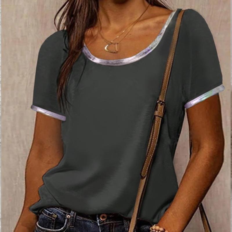 New Large-size Women's Clothing Summer Solid Color Round Neck Contrasting Color Neckline Short-sleeved Top T-shirt