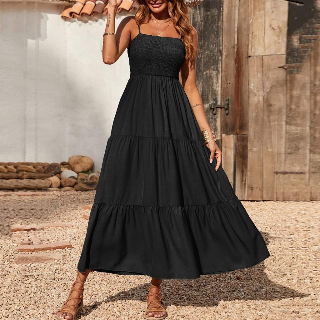 Strapless Dress For Women Color Summer Beach Boho Smocked Tube Top Straps Swing Dress