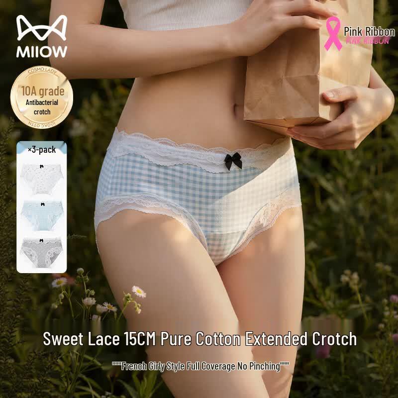 Mao Ren Women s Pure Cotton Antibacterial Lace Mid-Waist Underwear 3-Pack L