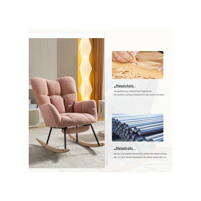 Nouveau fauteuil à bascule moderne avec rembourrage et tissu peluche, avec repose-pieds extensible, rose