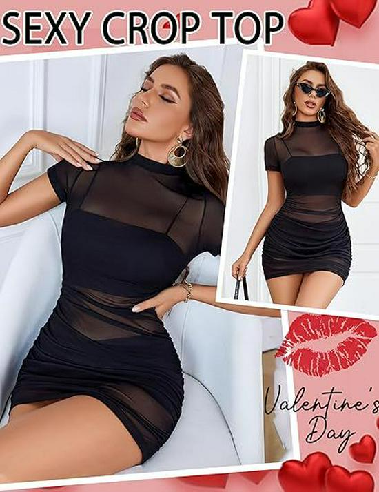 Sexy Hoge Hals Mesh Patchwork Slim Fit Jurk met Taille-Cinchende Geplooide Ontwerp
