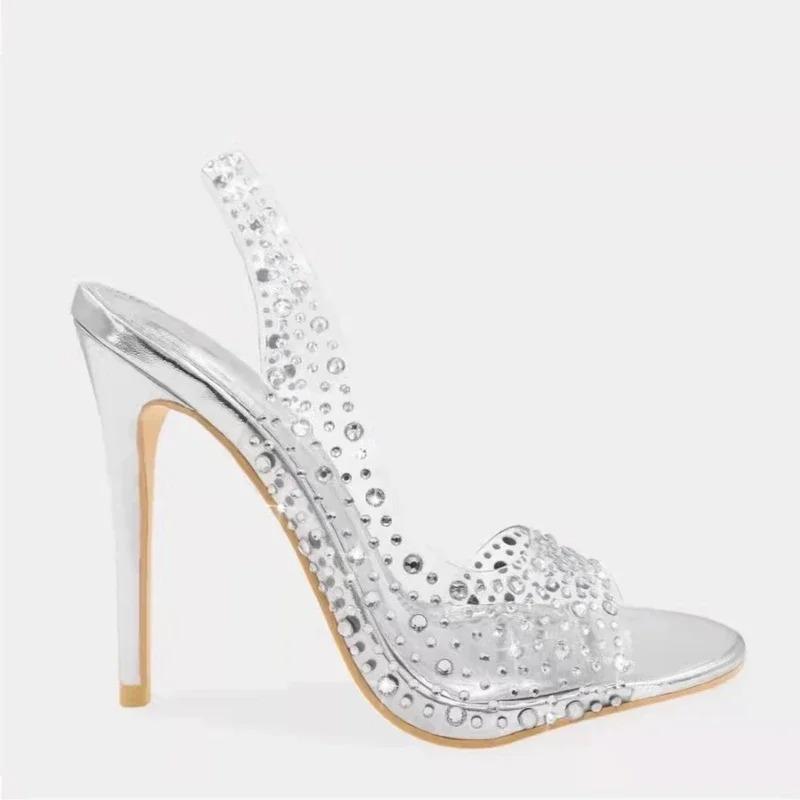 Fashion Champagne Silver Gold Crystal Bride Shoes Clear PVC Bling Bling Rhinestone Slingback Party Sandals Open Toe Sparkly Heels