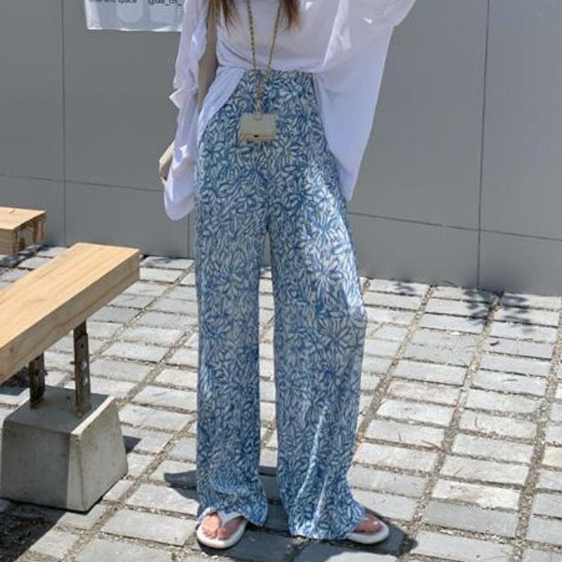 Summer  Women's Clothing Vintage Print Pleated Wide-leg Pants Female Casual High Waist Loose Straight Trousers Pantaloness