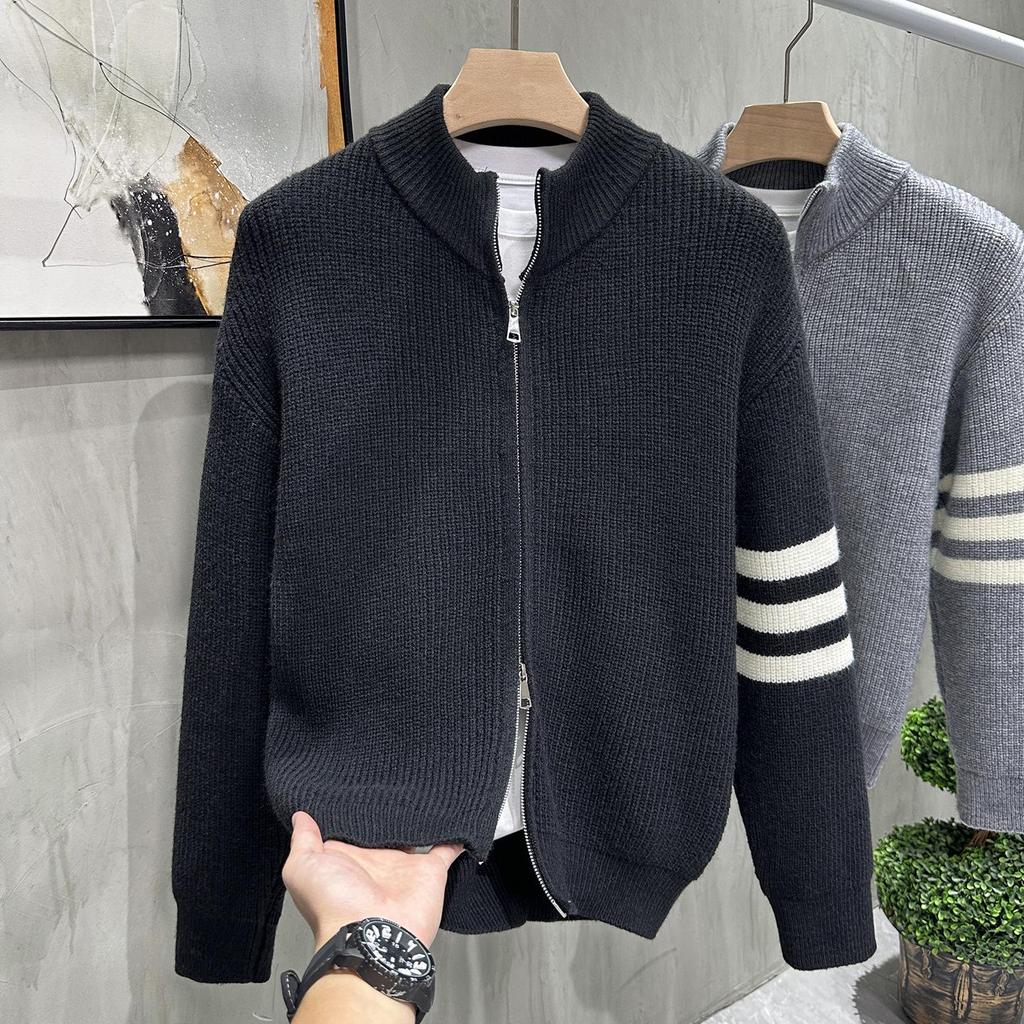 Autumn/Winter Men's Double Zipper Solid Jacquard Knit Cardigan - Versatile, Casual, and Loose Fit