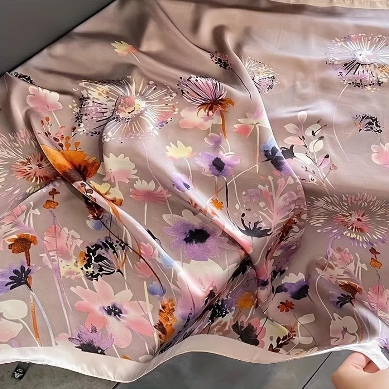 27.55inch Light Purple Flower Print Square Scarf Simulated Silk Thin Neck Scarf Elegant Style Sunscreen Headscarf For Women
