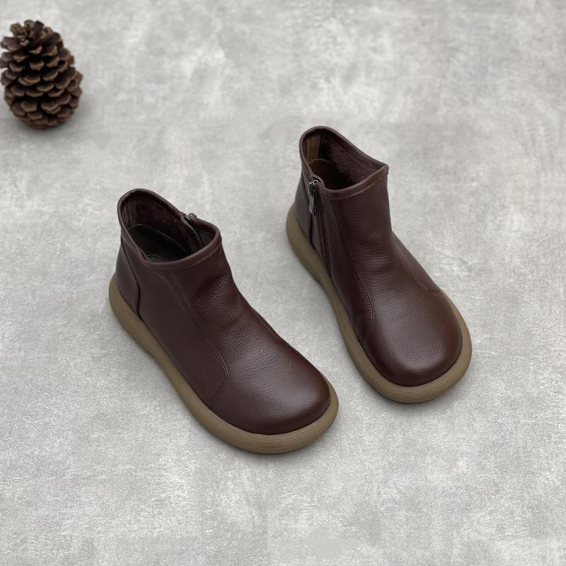 Johnature Handmade Genuine Leather Ankle Boots Casual Round Toe Side Zipper Soft Soled Cowhide Women's Shoes