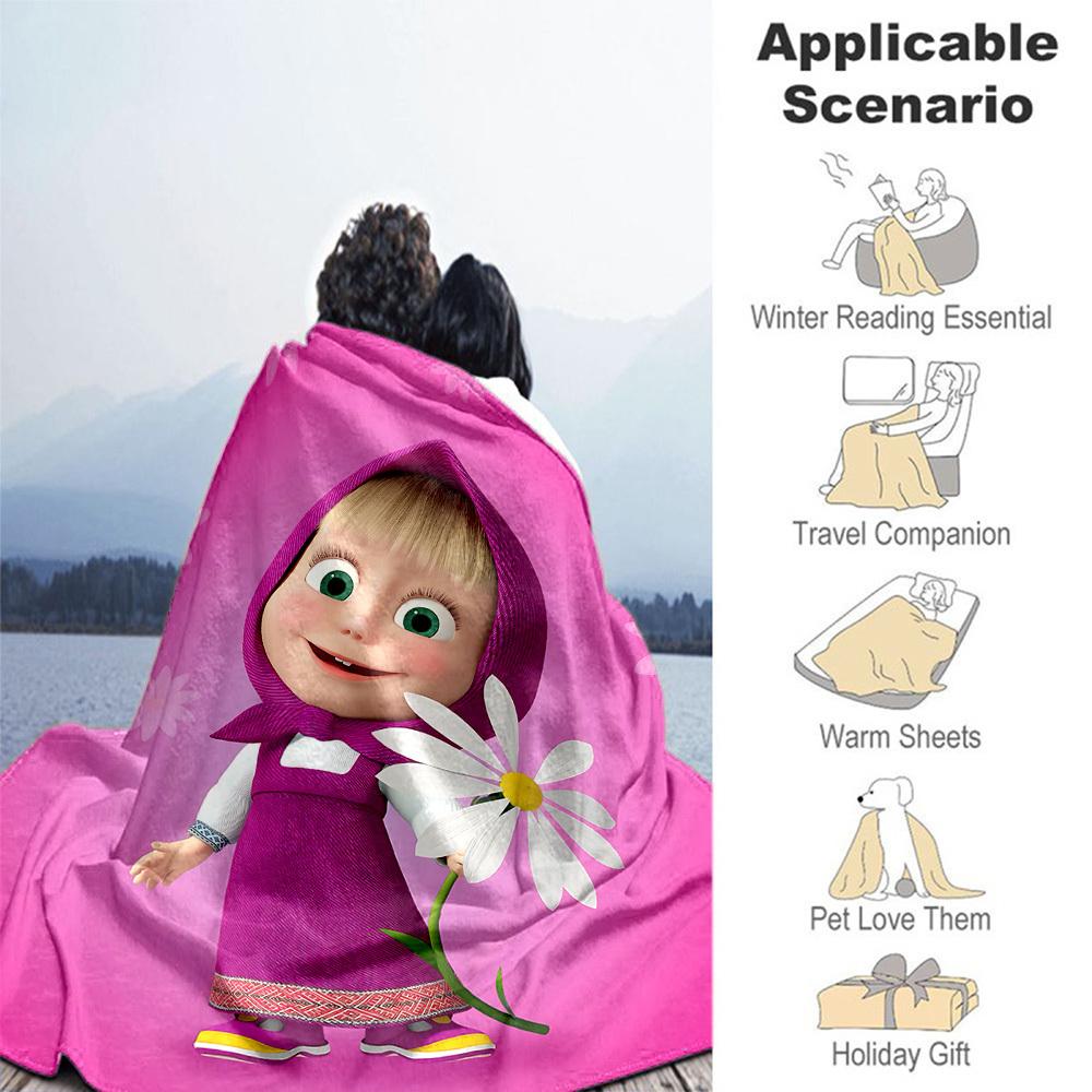1pc Masha and the Bear Outdoor Blanket Lightweight Flannel, Soft & Warm, All Season Use for Sofa, Outdoor, Camping, Living Room, Office, Chair