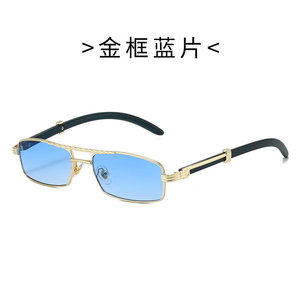 New Metal Rectangle Sunglasses for Women Men Stylish Mini Frame Double Bridge Wood Grain Design