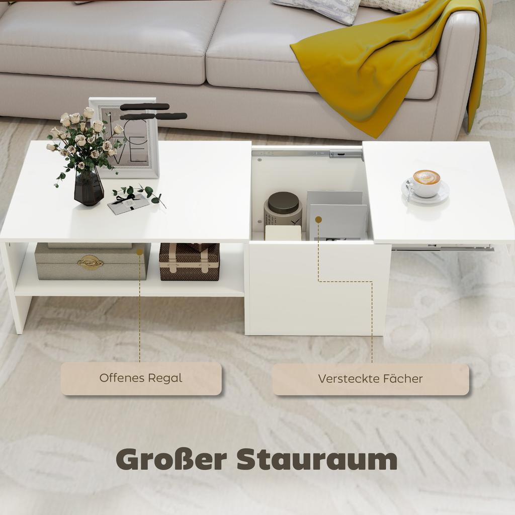 Adjustable coffee table, metal rails, chipboard, foot pads, White