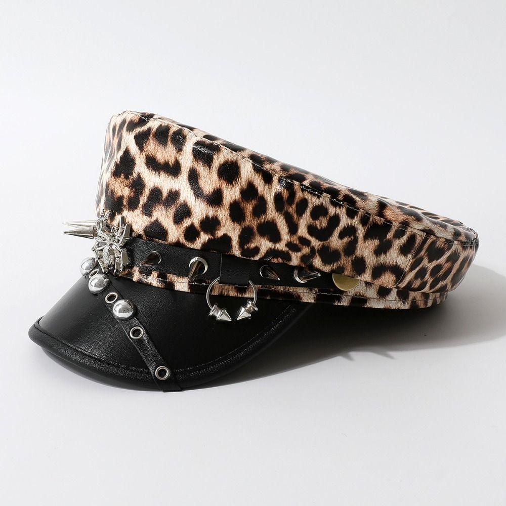 Punk Y2k Beret Hat Harajuku Flat Top Cap Vintage Rivet Leopard Hat  for Girls