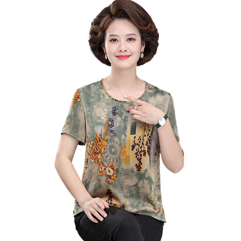 Women's Summer Silk T-shirt Blouse - Loose Short-Sleeve Top for Middle-Aged Mothers