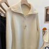 100% Pure Wool Women's Korean Style Lapel Raglan Sleeve Half Zip Loose Knit Sweater