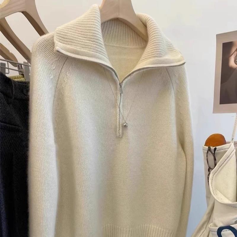 100% Pure Wool Women's Korean Style Lapel Raglan Sleeve Half Zip Loose Knit Sweater