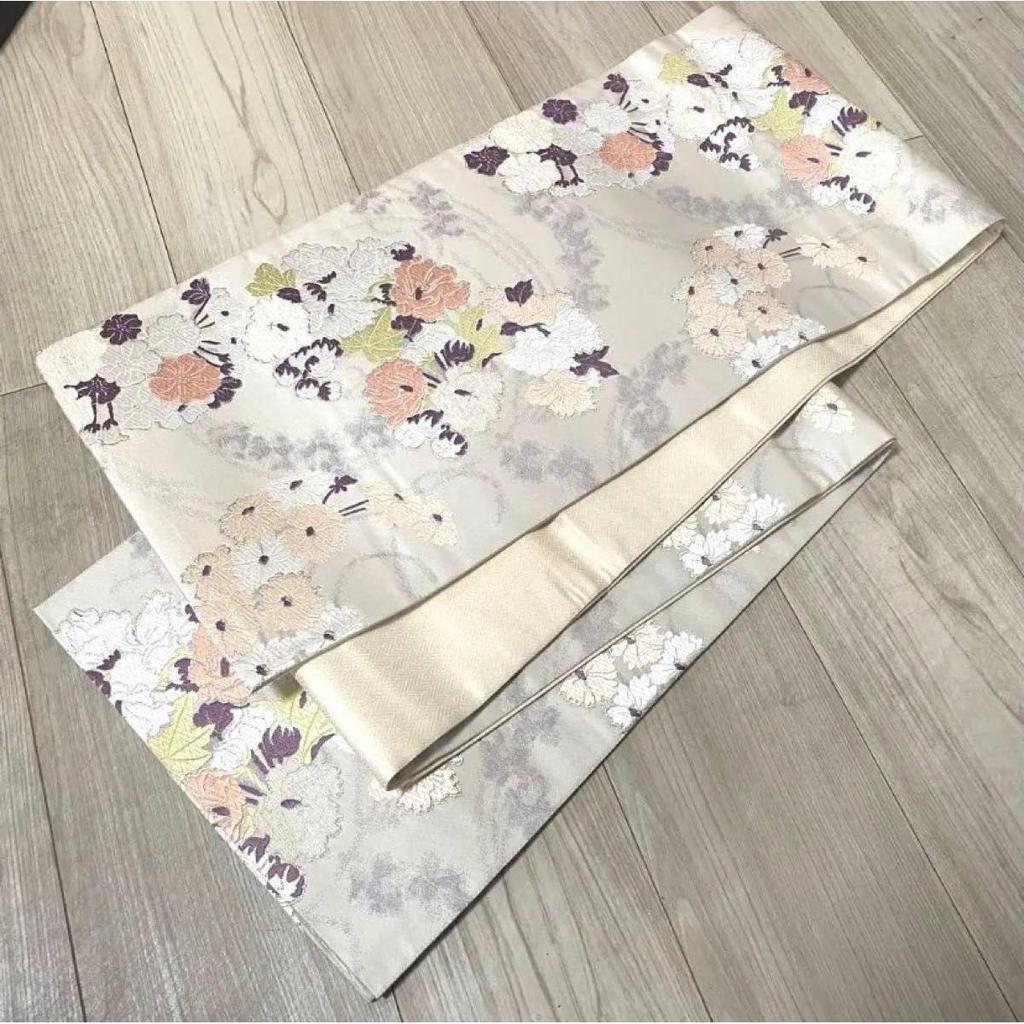 Used New, Fukuro Obi (a type of kimono sash), Nishijin-ori (textile woven in Nishijin, Kyoto), seasonal flowers
