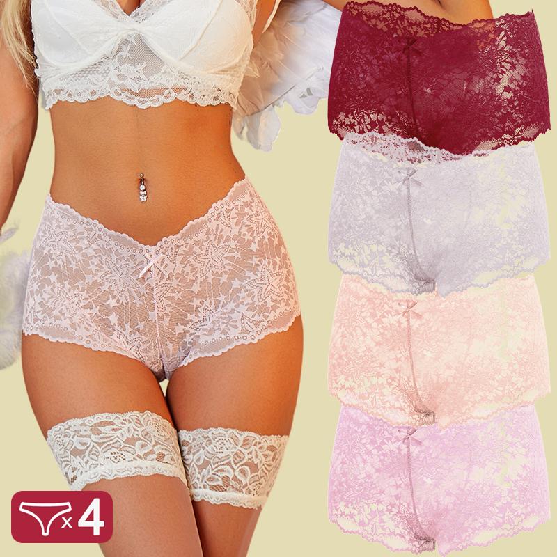 FINETOO 4Pcs/Set Women Panties Hollow Out Lace Mid Waist Elastic See-through Star Lace Four Cornered Pants Women Underpants
