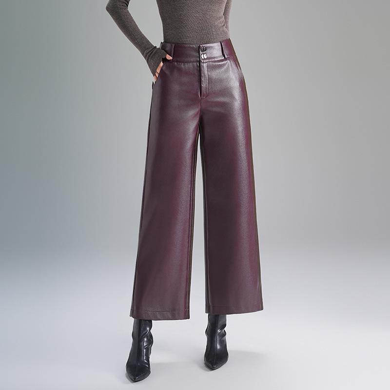 2025 Women's High-Waisted Fleece-Lined Lambskin Leather Pants - Slimming Loose Fit Straight-Leg, Ideal for Autumn and Winter