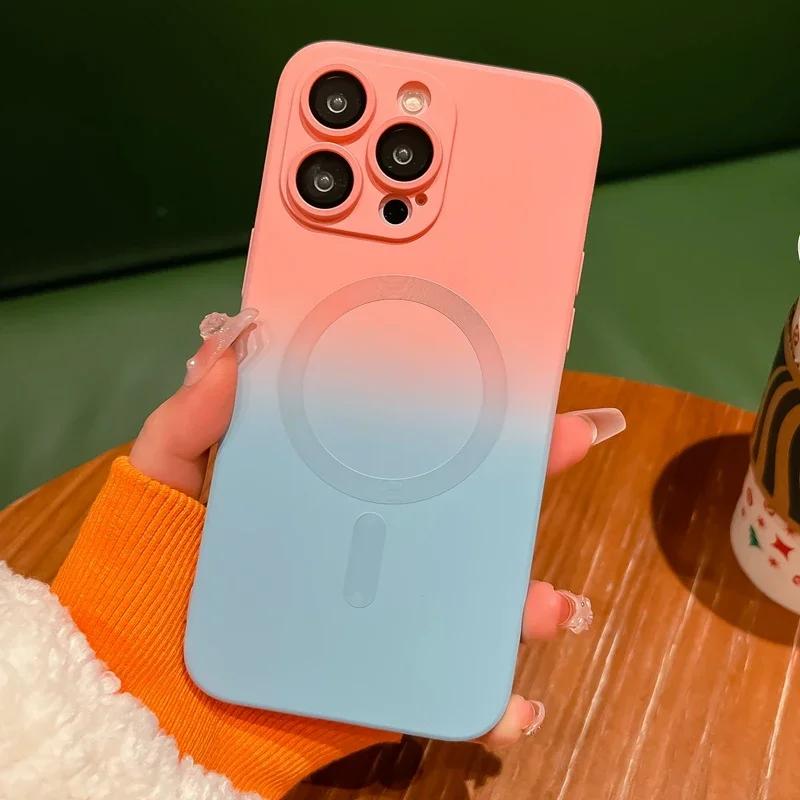 Luxury Magsafe Wireless Charge Matte Case For iPhone 15 14 13 12 11 16 17 Pro Max Plus Soft Magnetic Bumper Gradient Color Cover