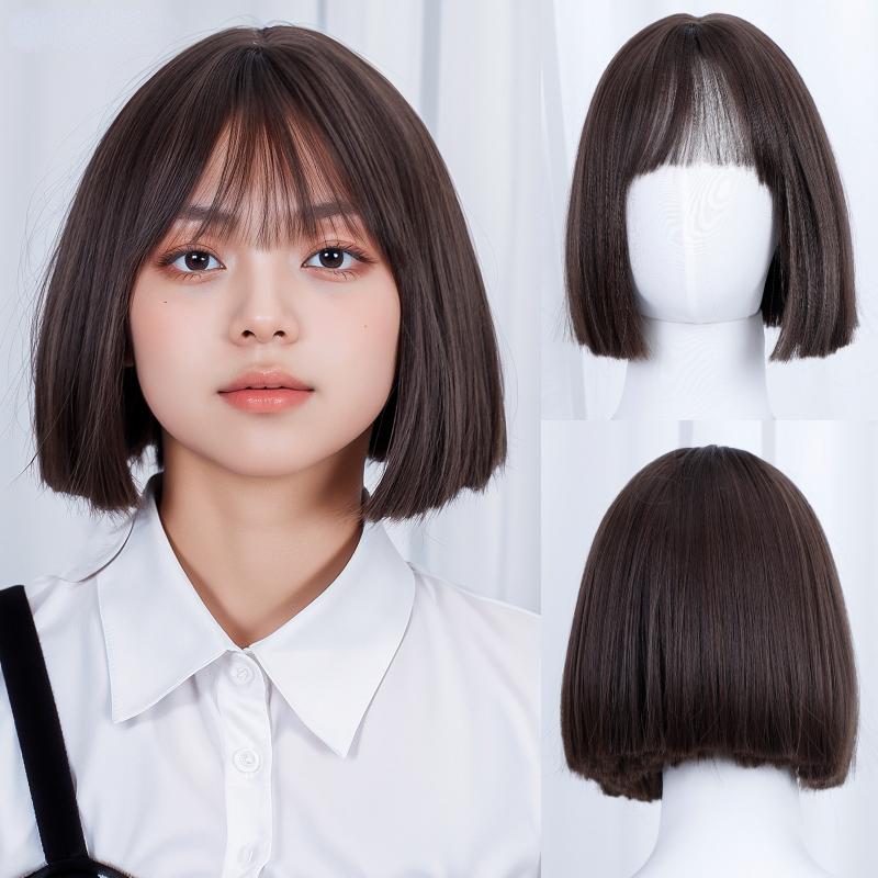 

Боб, 10 дюймов, короткий черный парик с челкой из волокна, синтетический парик, термостойкий, без бликов, натуральный, косплей, на каждый день для женщин, корейская мода 10inches темно-коричневого