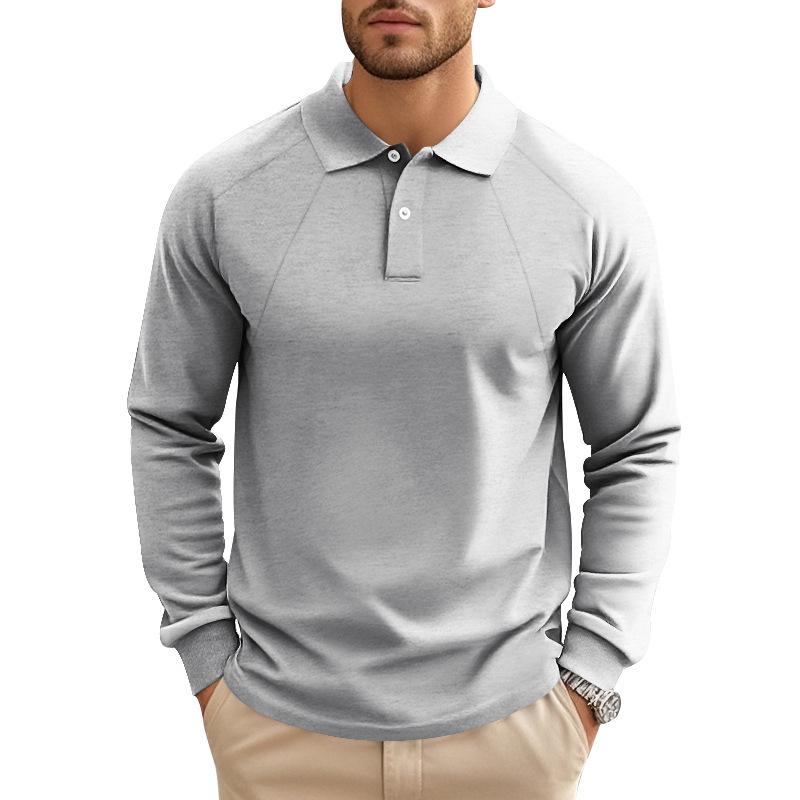 Men's Spring and Autumn Lapel Solid Color Casual Base American Retro Heavy Shoulder Long Sleeve Polo POLO Shirt Men's