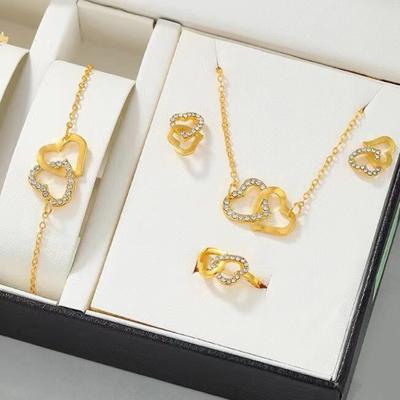 Juego de 5 Piezas Color Dorado Forma de Corazón Juegos de Joyería de Anillo Pendientes Collar para Mujeres Elegancia Pedrería Doble Corazón Joyería