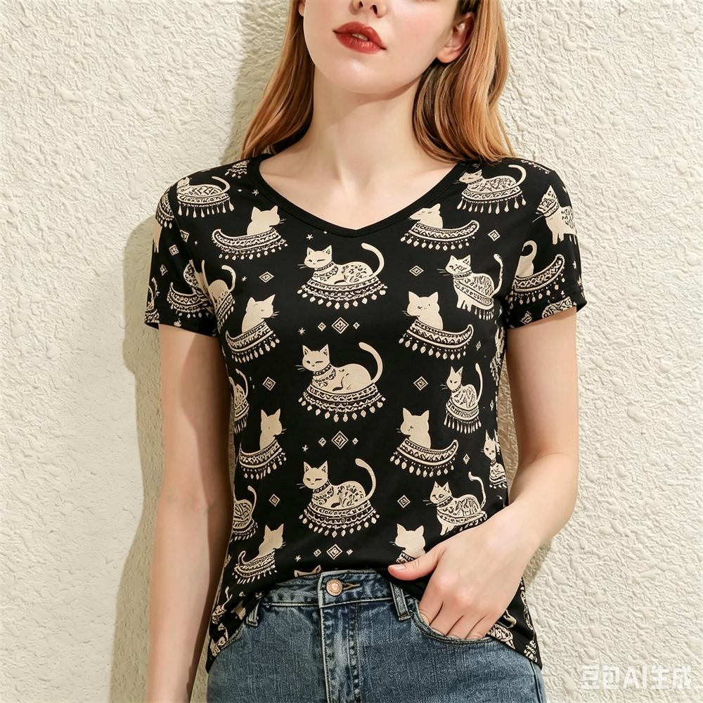 Cute Animal Pattern Women's T-Shirt Fashion V-neck Short Sleeve Tees Summer Loose Tops Daily Casual Comfortable Female Clothing