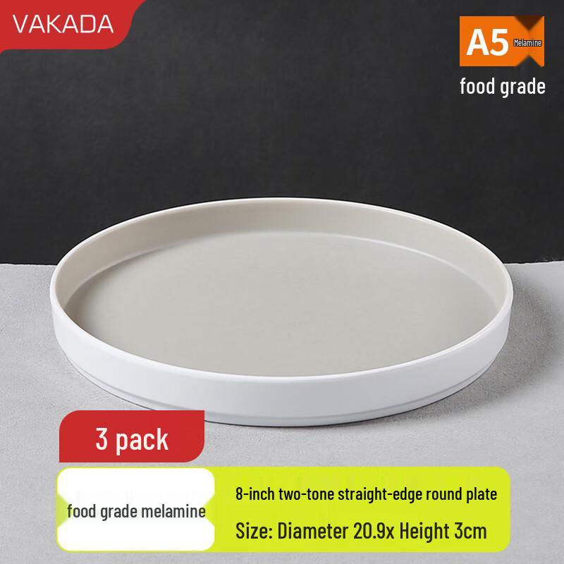 VAKADA 8-inch Two-Tone Round Melamine Shallow Plates (3-Pack)