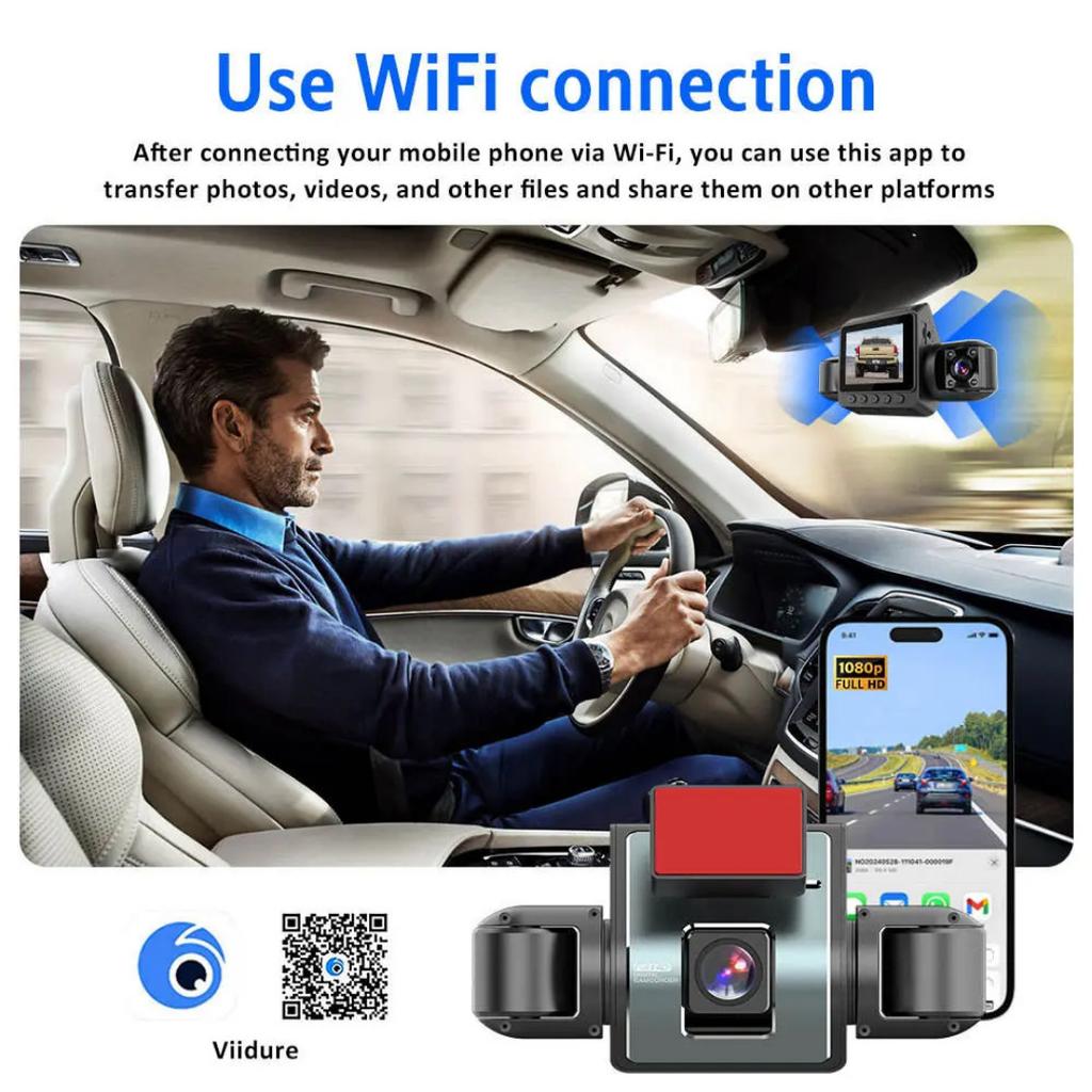 4-Channel Dash Cam, Front, Rear & Inside, 1080P Car Camera, Night Vision, G-Sensor, Driving Video Recorder