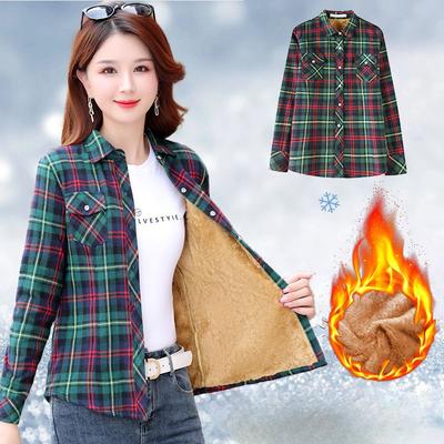Winter Women Velvet Plaid Shirt Blouses Warm Lady Tops Outwear